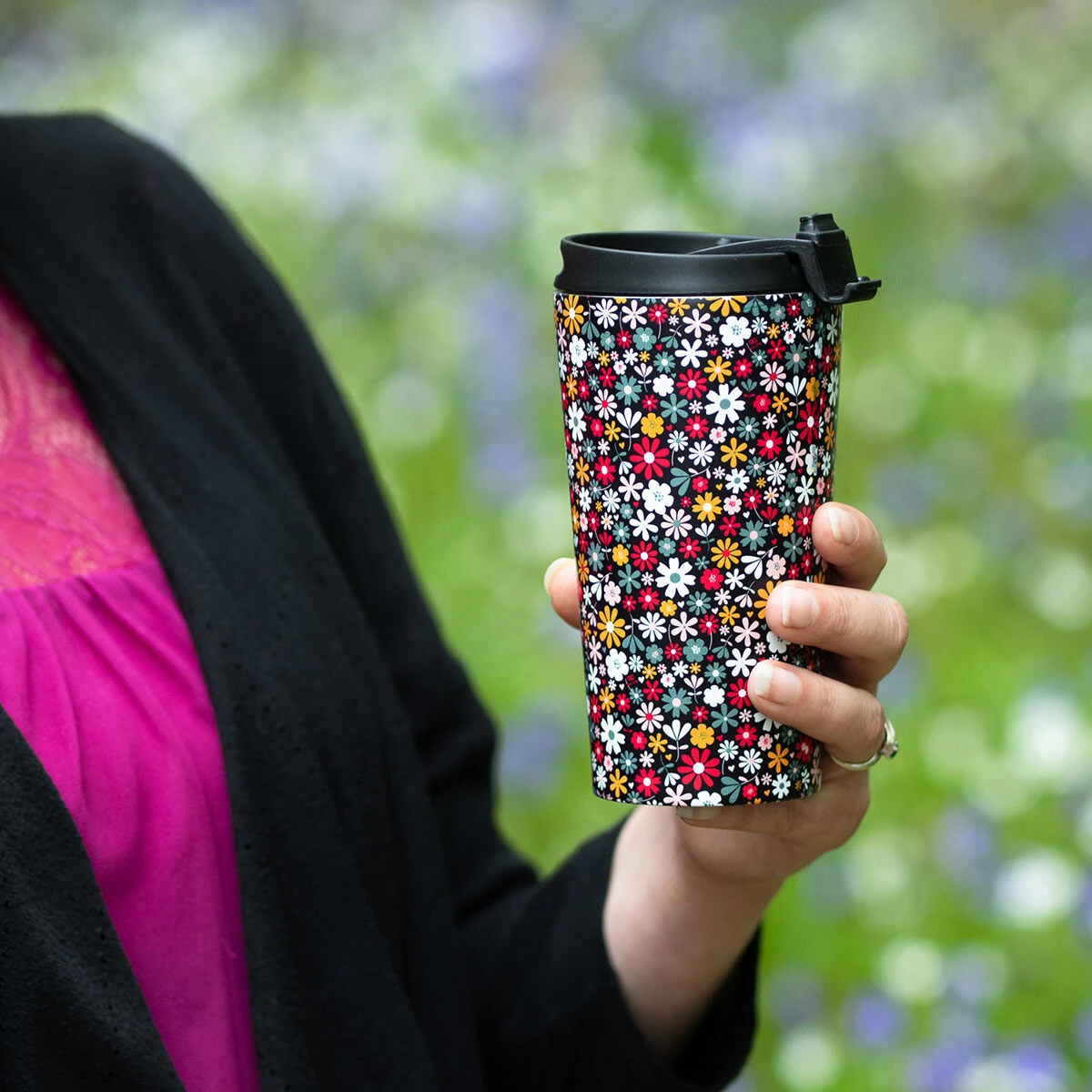 Eco Chic Black Ditsy Flowers Stainless Steel Travel Coffee Cup 6 Eco Chic Black Ditsy Flowers Stainless Steel Travel Coffee Cup - Image 6