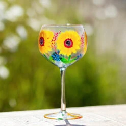 Lynsey Johnstone Hand Painted Sunflowers & Blue Wildflowers Gin Glass -Water Bottle Store lesser pavey lp49746 lynsey johnstone sunflowers blue wildflowers gin glass lifestyle