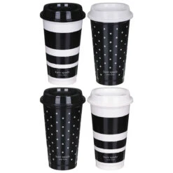 Kate Spade New York Black & White Stripe/Dot Set Of Four Travel Cups