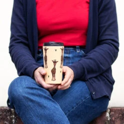 Eco Chic Beige Giraffe Stainless Steel Travel Coffee Cup -Water Bottle Store n26 eco chic beige giraffe stainless steel travel coffee cup lifestyle 1