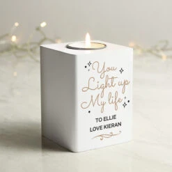 Personalised 'Light Up My Life' White Wooden Tea Light Holder -Water Bottle Store p1011f09 2