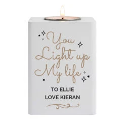 Personalised 'Light Up My Life' White Wooden Tea Light Holder -Water Bottle Store p1011f09 3