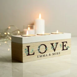 Personalised ‘Love’ Botanical Triple Tealight Box -Water Bottle Store p1011f32