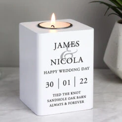 Personalised Couples White Wooden Tealight Holder