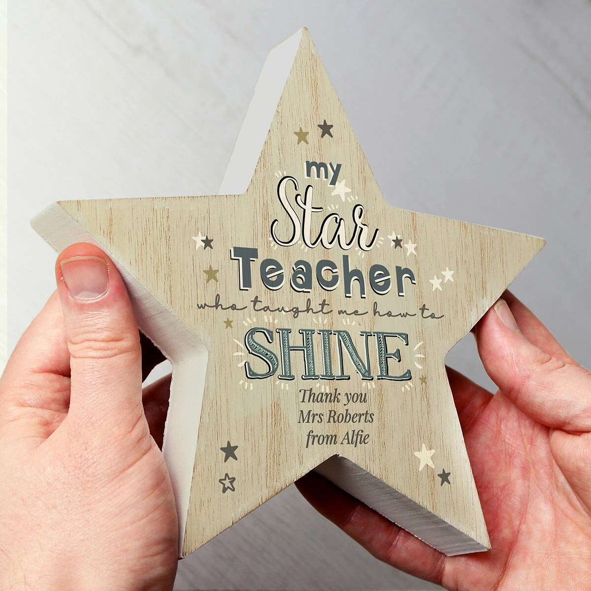 Personalised ‘My Star Teacher’ Rustic Wooden Star Decoration 1 Personalised ‘My Star Teacher’ Rustic Wooden Star Decoration