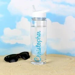 Personalised Island Water Bottle With Blue Text