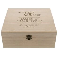 Personalised Mr & Mrs Large Wooden Keepsake Box -Water Bottle Store pmc p1014a54 mr and mrs wooden box 2 1